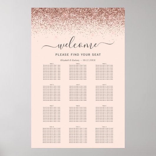 Blush Roze Rose Goud Glitter Bruiloft Zitplaatsen Poster (Voorkant)