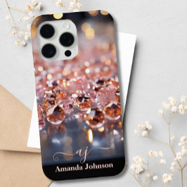 Blush Roze Rose Goud Glitter Monogram Edelstenen iPhone 15 Pro Max Hoesje