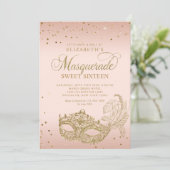 Blush Roze Rose Goud Glitters Maskerade Sweet 16 Kaart (Staand voorkant)