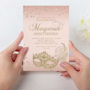 Blush Roze Rose Goud Glitters Maskerade Sweet 16 Kaart