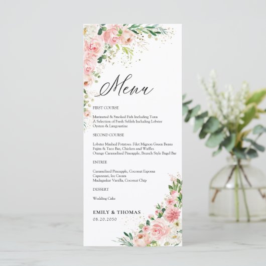 Blush Roze Rose Goud Huwelijksceremonie Menu (Staand voorkant)