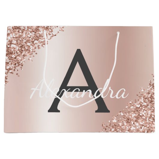 Blush Roze Rose Goud Metallic Glitter Monogram Groot Cadeauzakje (Voorkant)