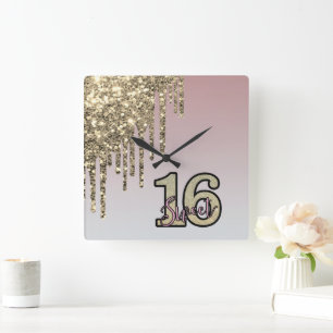 Blush Roze Rose Goud Sweet Sixteen Vierkante Klok