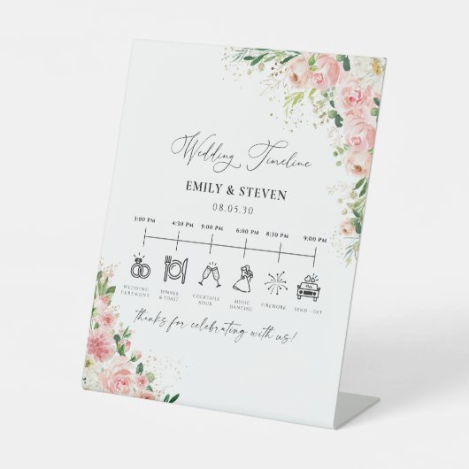 Blush Roze Rose Goud Trouwtijdlijn Teken Reclamebord Met Voetstuk (Voorkant)