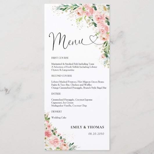 Blush Roze Rose Goud Vrijgezellenfeest Menu (Voorkant)