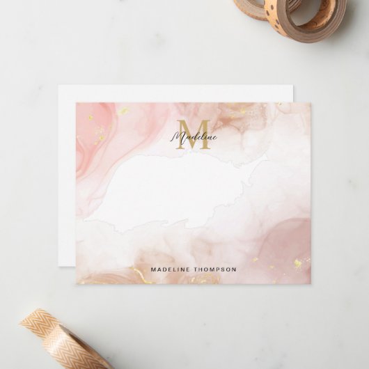 Blush Roze Rose Goud Waterverf Splash Monogram Notitiekaartje (Voorkant / Achterkant in situ)