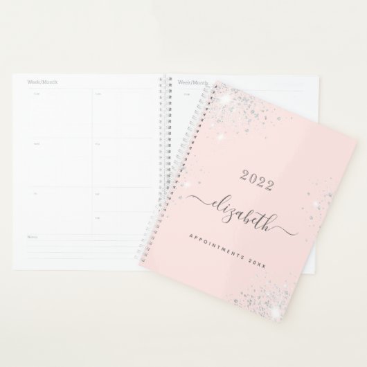 Blush roze rose goud zilver glitter monogram planner (Display)