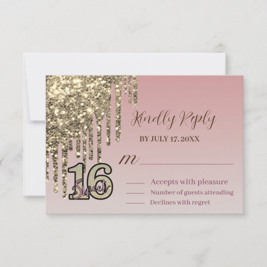 Blush Roze Rose Goud Zoet Zestien RSVP Kaartje (Voorkant)