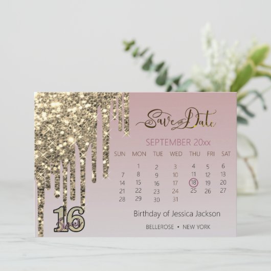 Blush Roze Rose Goud Zoet Zestien Save The Date (Staand voorkant)