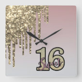 Blush Roze Rose Goud Zoet Zestien Vierkante Klok (Voorkant)