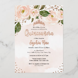 Blush Roze Rose Gouden Bloem Tiara Quinceanera Folie Uitnodiging