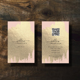 Blush Roze Rose Gouden Folie Brush Stroke QR Code Visitekaartje