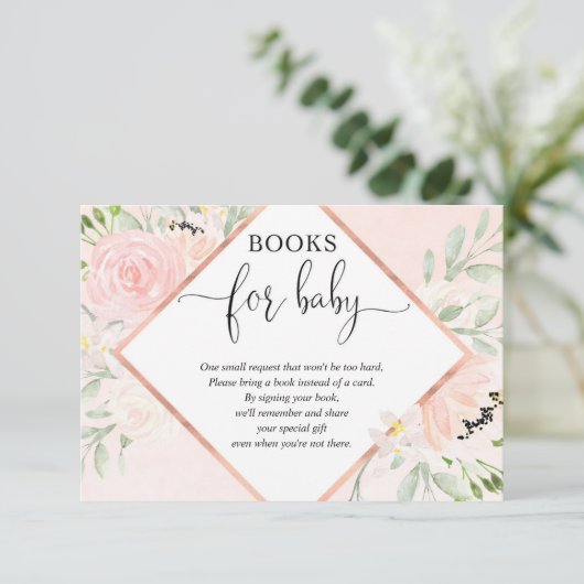 Blush roze rose gouden meisje baby shower boek aan informatiekaartje (Staand voorkant)