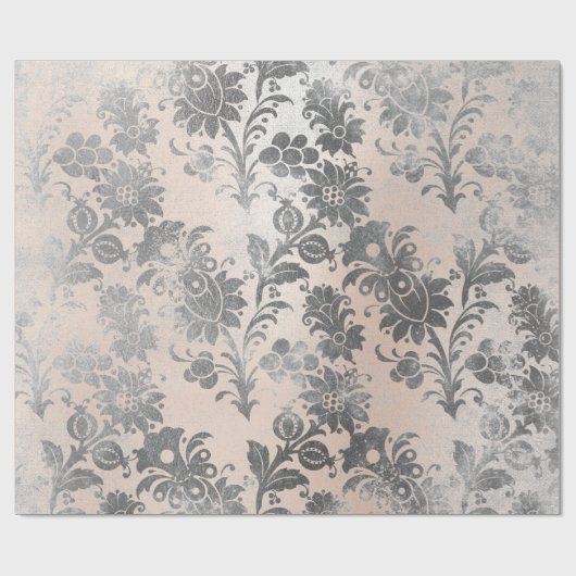 Blush Roze Rose Grijs Bloemen Poeder Grungy Damask Cadeaupapier (Vlak)