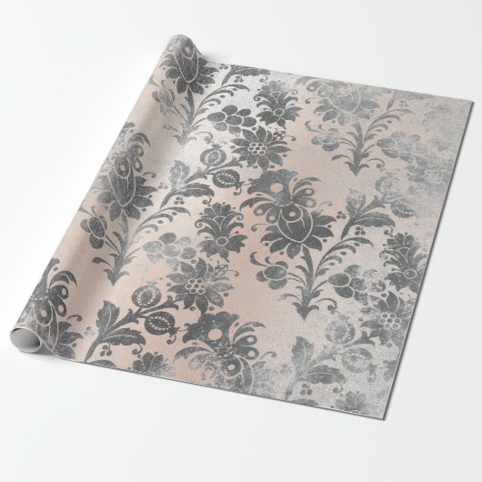Blush Roze Rose Grijs Bloemen Poeder Grungy Damask Cadeaupapier (Uitgerold)