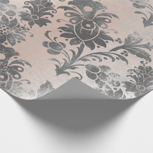 Blush Roze Rose Grijs Bloemen Poeder Grungy Damask Cadeaupapier (Hoek)