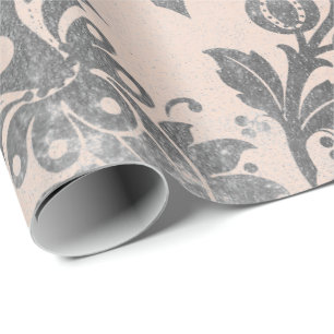Blush Roze Rose Grijs Bloemen Poeder Grungy Damask Cadeaupapier