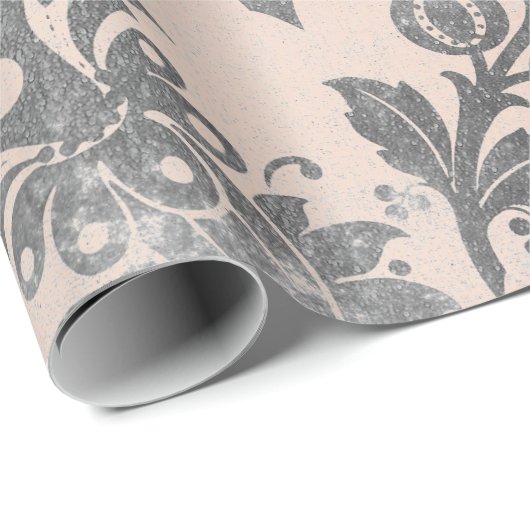Blush Roze Rose Grijs Bloemen Poeder Grungy Damask Cadeaupapier (Rol Hoek)