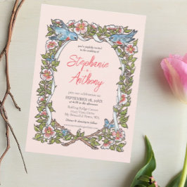 Blush Roze Rose & Liefde Vogel Pastel Border Bruil Kaart