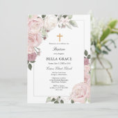 Blush Roze Rose Rustic Floral Baptism Uitnodiging (Staand voorkant)