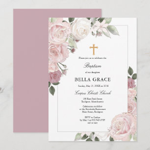 Blush Roze Rose Rustic Floral Baptism Uitnodiging