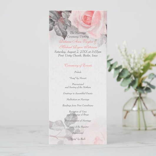  Blush Roze Rose Trouwprogramma Programmakaart (Staand voorkant)