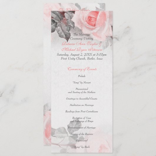  Blush Roze Rose Trouwprogramma Programmakaart (Voorkant / Achterkant)