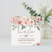 Blush Roze Rose Waterverf Meisje Baby shower Save The Date (Staand voorkant)