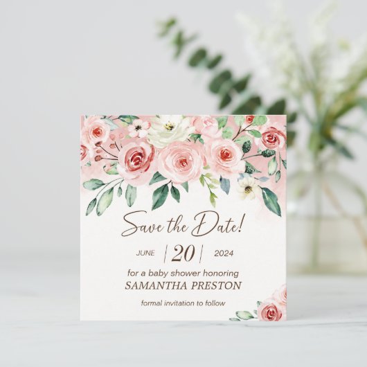 Blush Roze Rose Waterverf Meisje Baby shower Save The Date (Staand voorkant)
