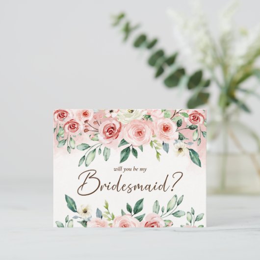 Blush Roze Rose Waterverf Wees mijn bruidsmeisje b Kaart (Staand voorkant)