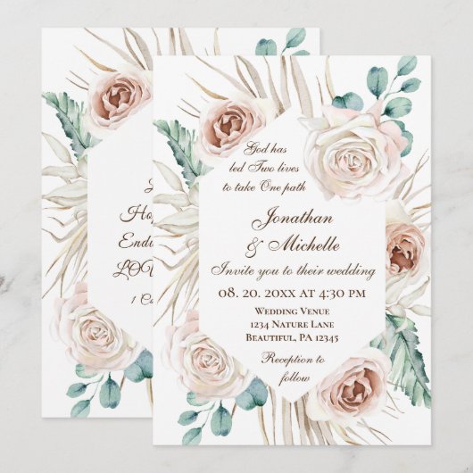 Blush roze Roses Boho Floral Christelijk bruiloft Kaart (Voorkant / Achterkant)