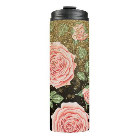 *~* Blush roze ROSES Gold Glitter Floral Thermosbeker (Voorkant)