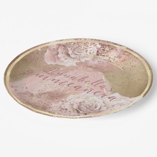 Blush roze roses Gold Quinceañera op perkament Papieren Bordje (Gekanteld)
