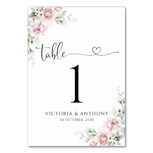 Blush Roze Roses Trouwtafel Nummer Kaart (Voorkant)