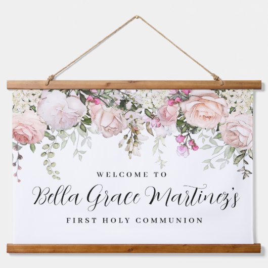 Blush roze roze bloem Eerste communiqué Welkomstve Hangend Wandkleed (Voorkant)