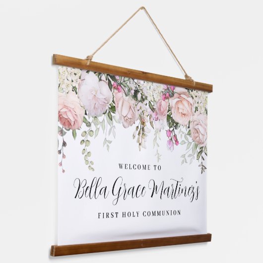 Blush roze roze bloem Eerste communiqué Welkomstve Hangend Wandkleed (Gebogen)