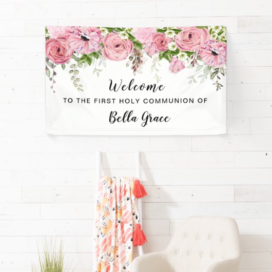 Blush roze roze bloem Eerste communiqué Welkomstve Spandoek (Insitu)