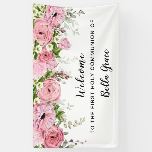 Blush roze roze bloem Eerste communiqué Welkomstve Spandoek (Verticaal)