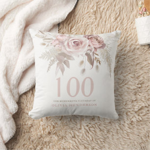 Blush roze roze bloemen 100th Birthday Party Gift Kussen