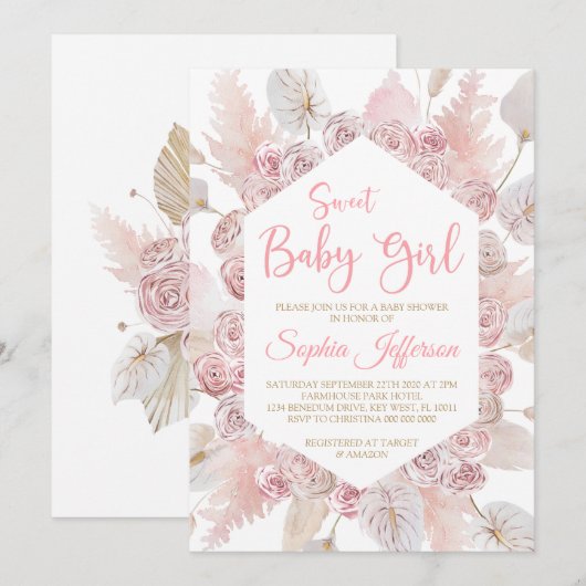 Blush roze roze bloemen Baby shower Uitnodiging (Voorkant / Achterkant)