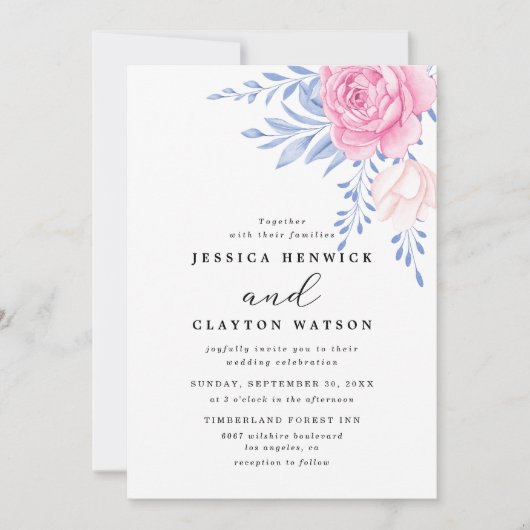 Blush roze roze bloemen Stapel Blauwe Blauwe Blauw Kaart (Voorkant)