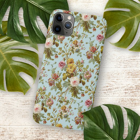 Blush roze roze bloemenpatroon op lichtblauw iPhone hoesje