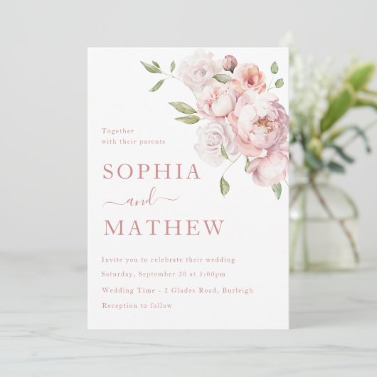 Blush roze roze bruiloft kaart (Staand voorkant)