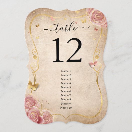 Blush roze roze en Gold Guest Name Table Numbers Kaart (Voorkant)