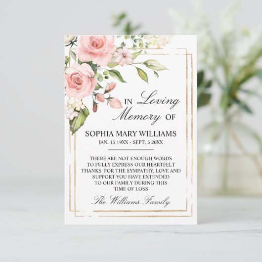 Blush roze roze en groene lederen sympathie Geheug Bedankkaart (Staand voorkant)