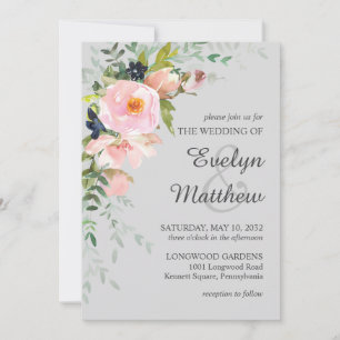Blush roze roze Floral Bouquet op grijs huwelijk Kaart