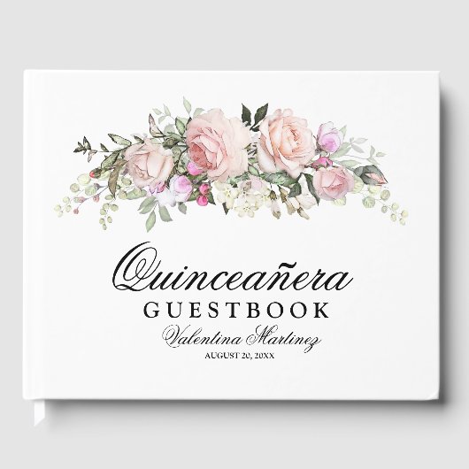Blush roze roze Floral Quinceanera Guest Book Gastenboek (Voorkant)