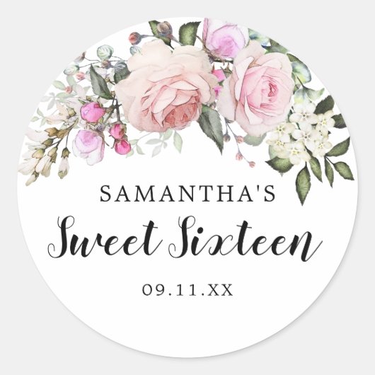 Blush Roze roze Floral Sweet 16 Envelopzegel Ronde Sticker (Voorkant)