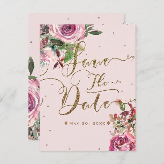 Blush roze roze goudbloem Modern Sparen de Datum Aankondigingskaart (Voorkant / Achterkant)