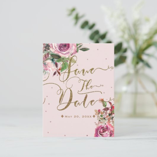 Blush roze roze goudbloem Modern Sparen de Datum Aankondigingskaart (Staand voorkant)
